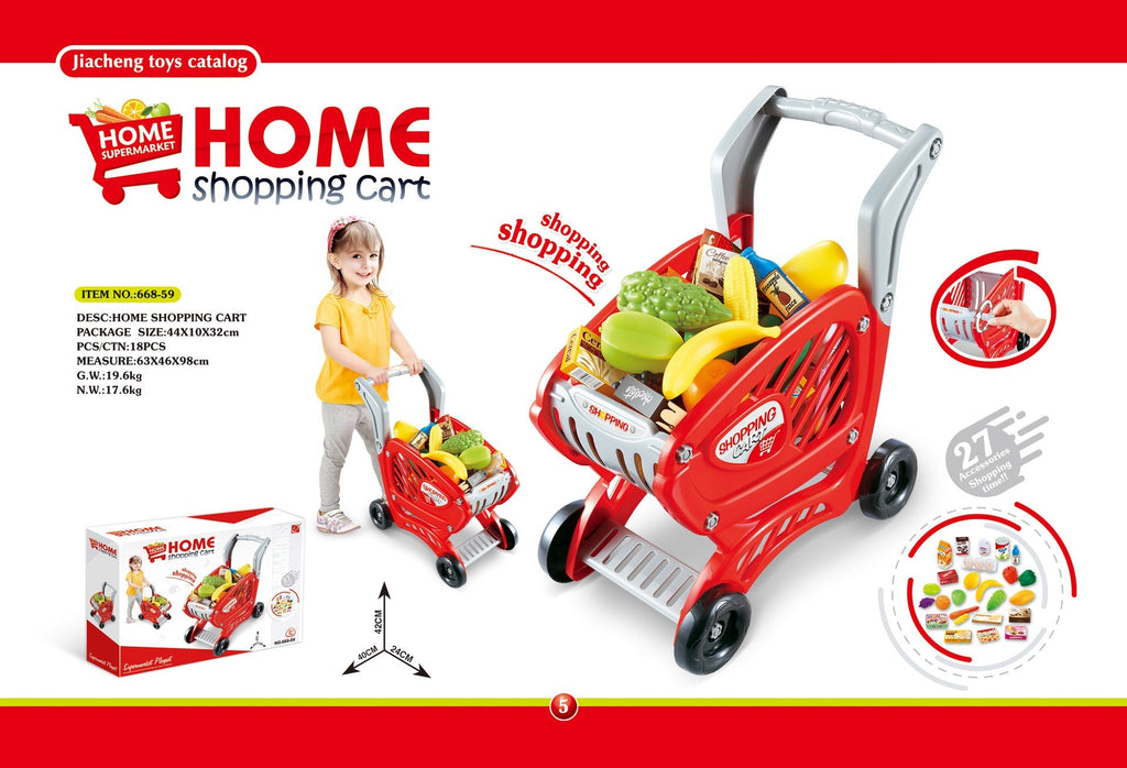 plastic fruits and vegetables in shopping cart
