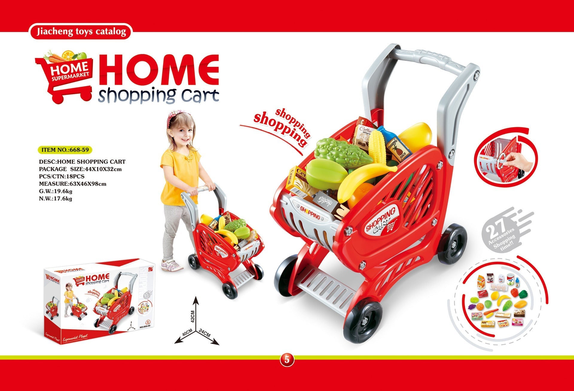 plastic fruits and vegetables in shopping cart