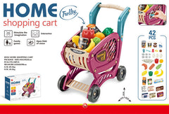 happy child using toy shopping cart outdoors