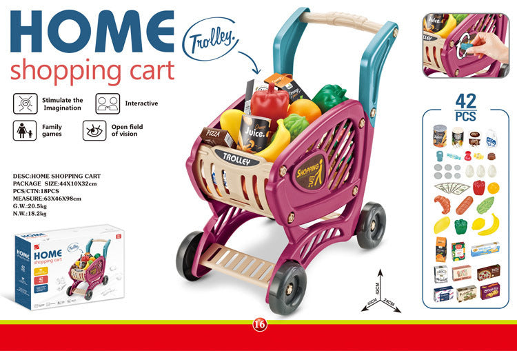 happy child using toy shopping cart outdoors