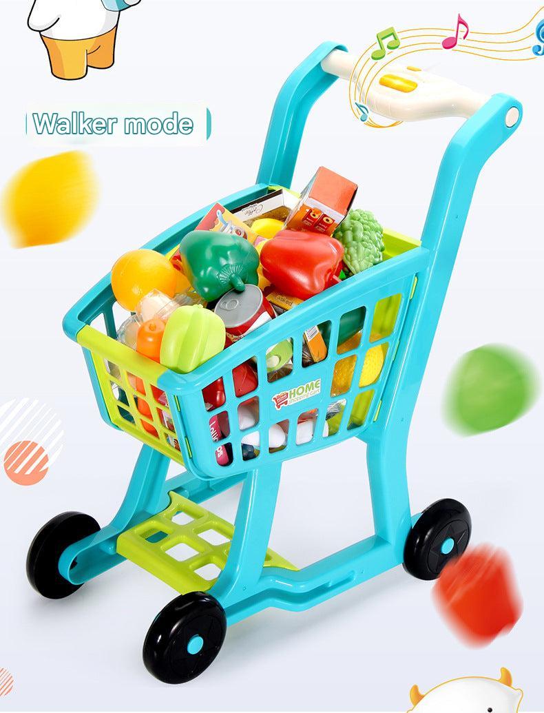child playing with interactive shopping cart toy