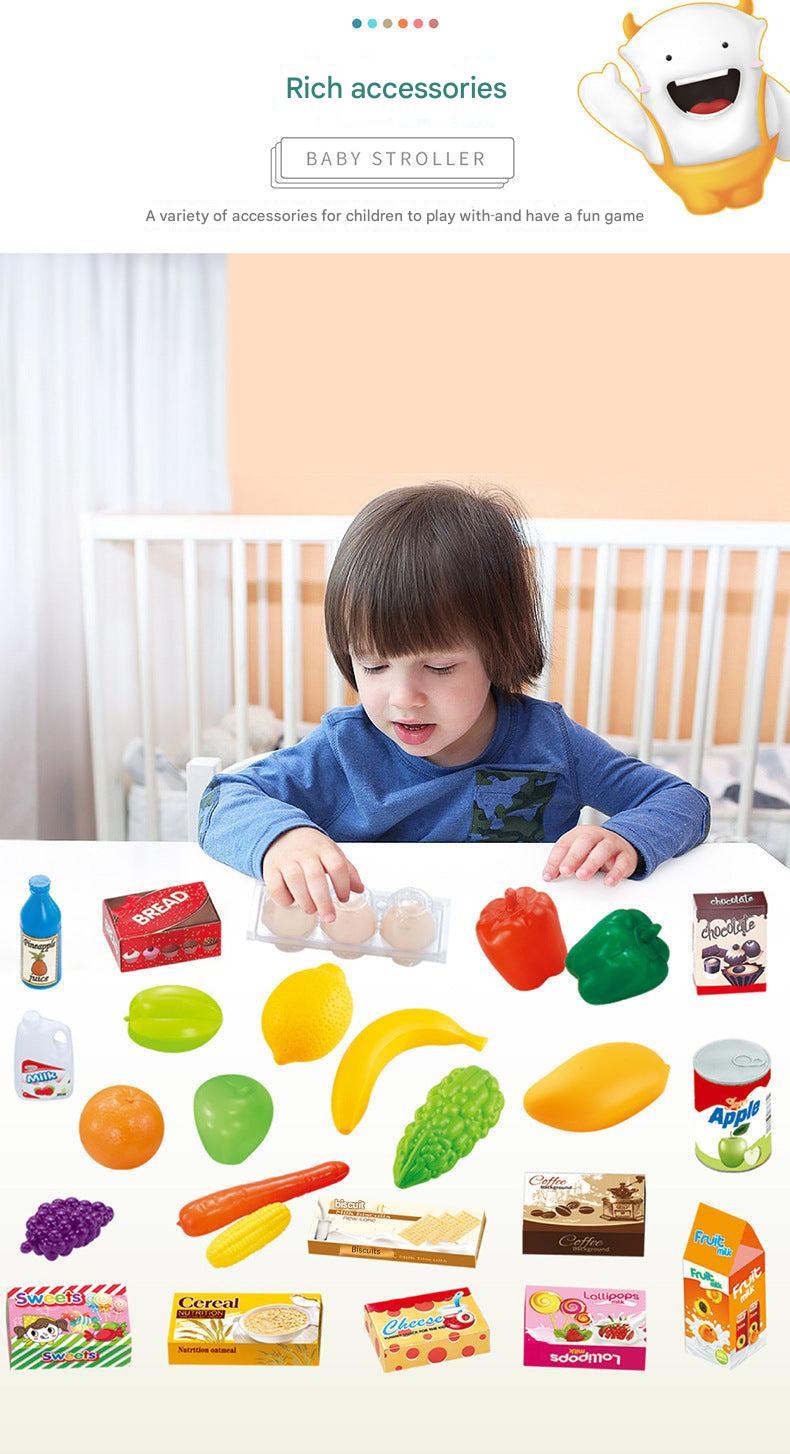 plastic fruits and vegetables in shopping cart