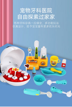 Child playing with veterinary kit and plush animals