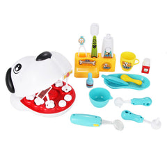 Child playing with veterinary kit and plush animals