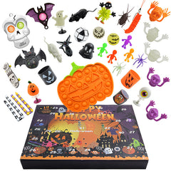 Close up of 27 pieces in Halloween toy set