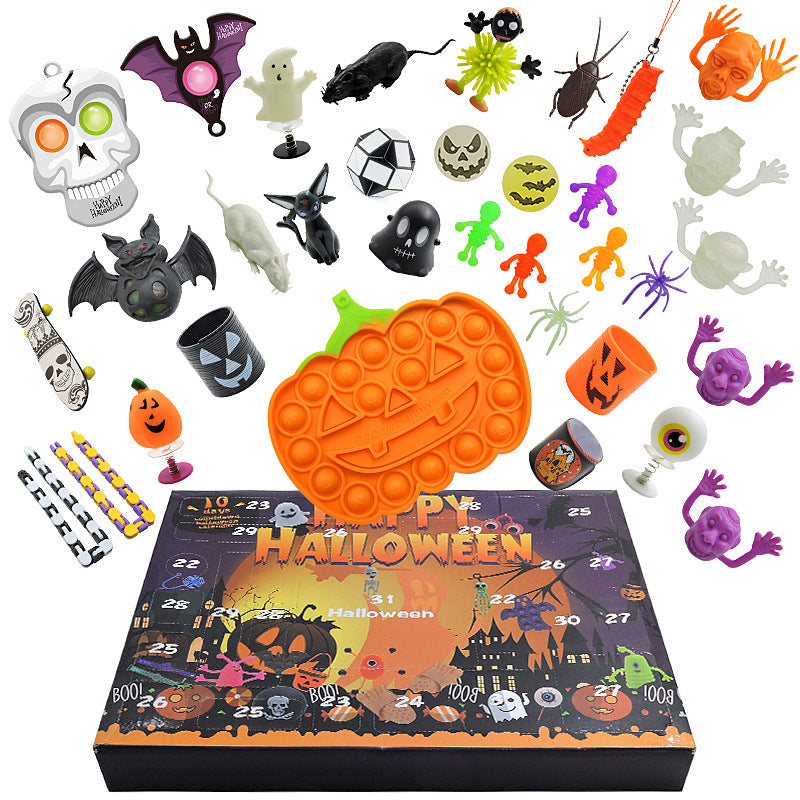 Close up of 27 pieces in Halloween toy set