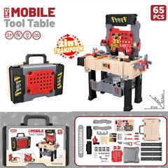 Kids exploring mechanics with toy tool set