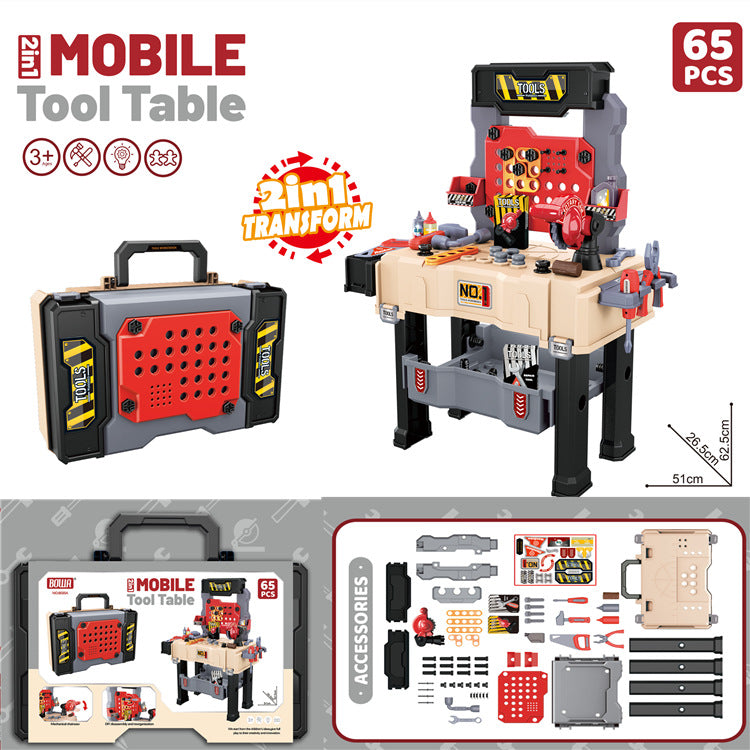 Kids exploring mechanics with toy tool set