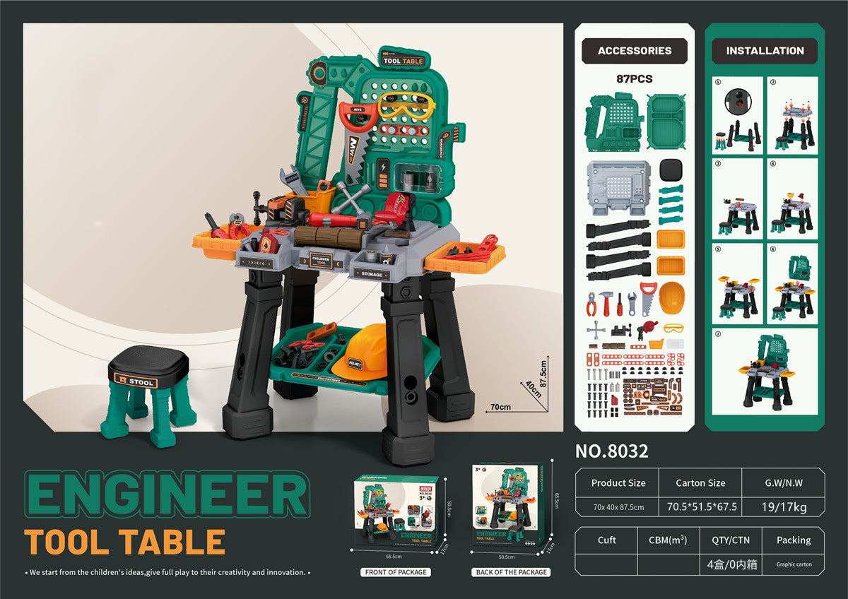 Child playing with colourful tool set and accessories