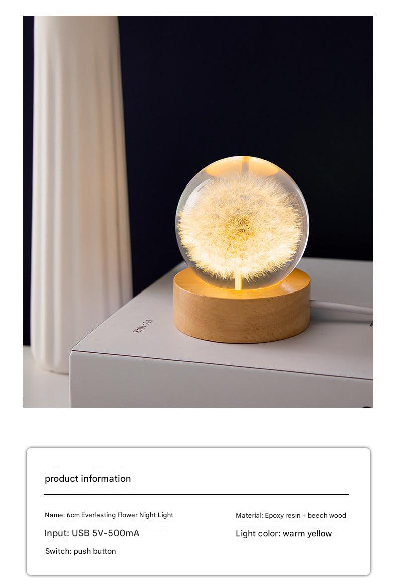 3D dandelion crystal ball lamp with wooden base