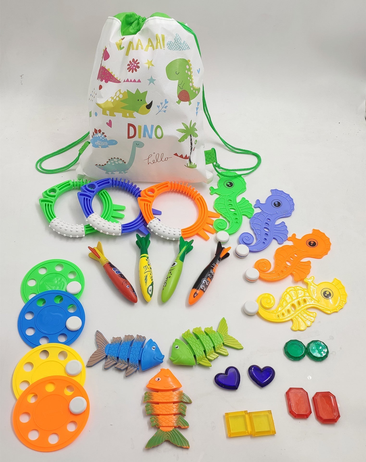 Colourful kids diving toy set in use in pool