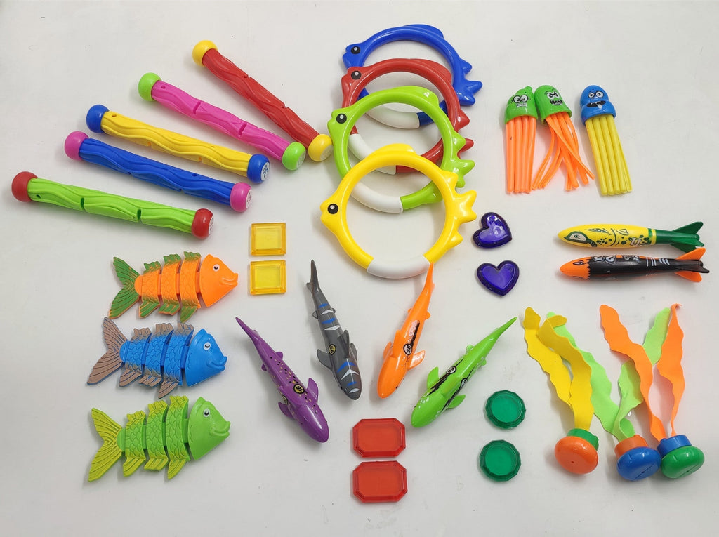 Child diving for toys with colourful fish