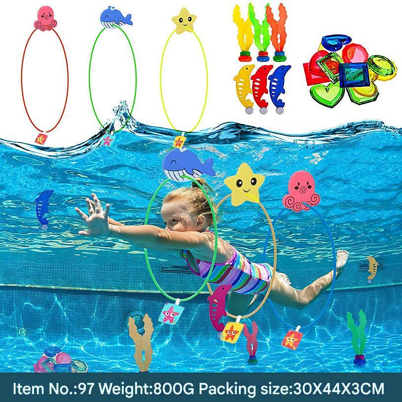Kids retrieving dive toys from water