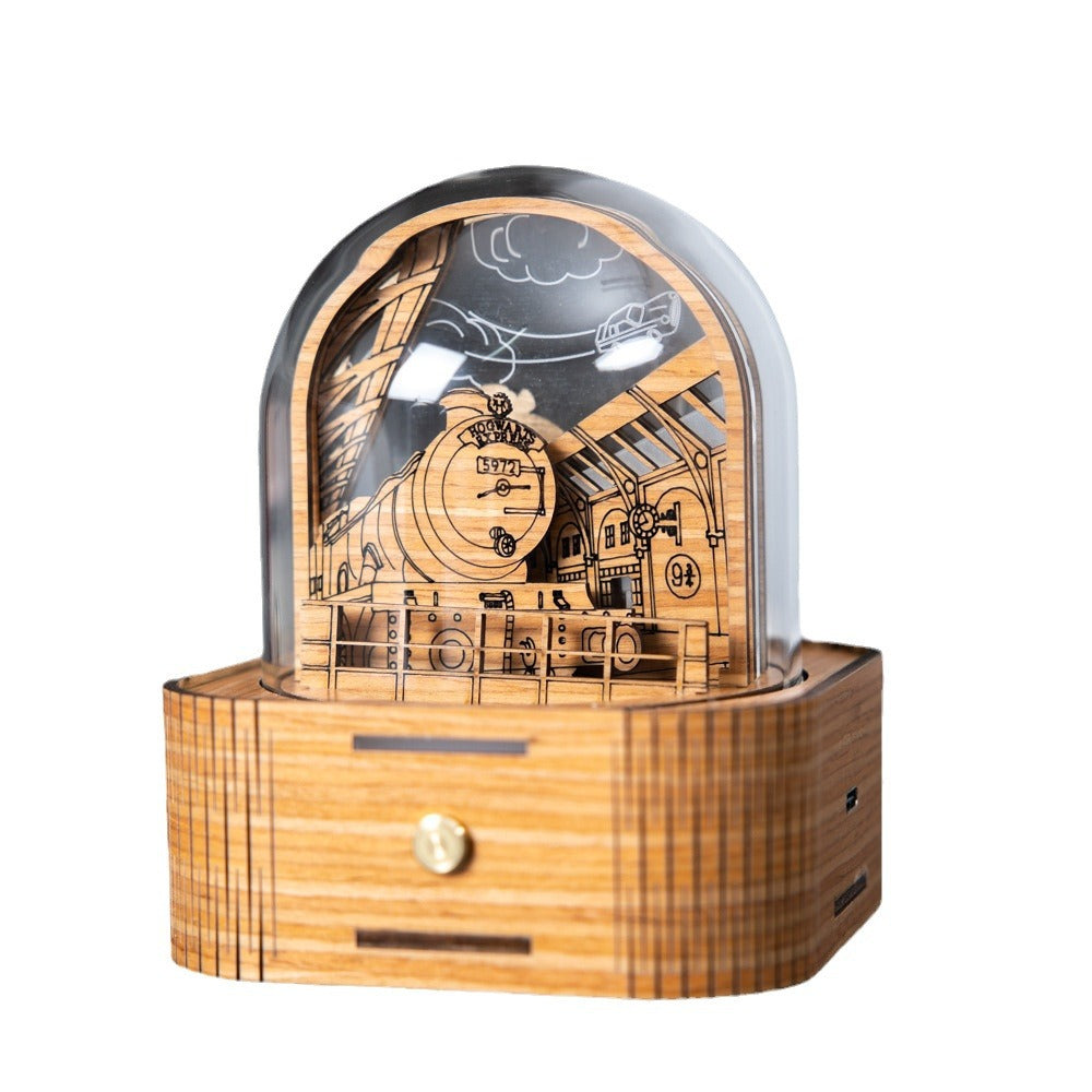 Engraved night light illuminating bedroom