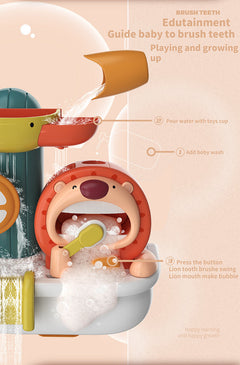Playful lion water bath toy for kids in a bathtub