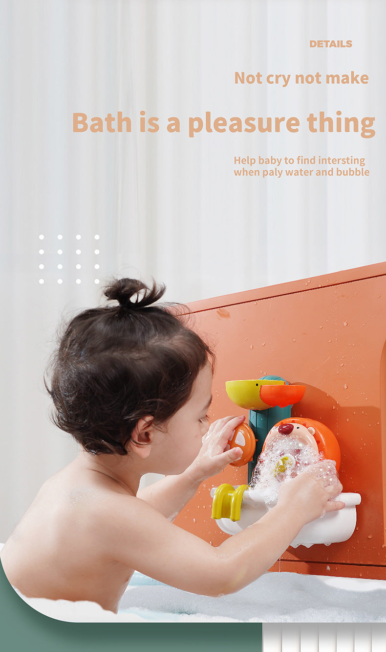 Close-up of lion bath toy spraying water