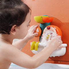Children enjoying bubble bath with lion toy
