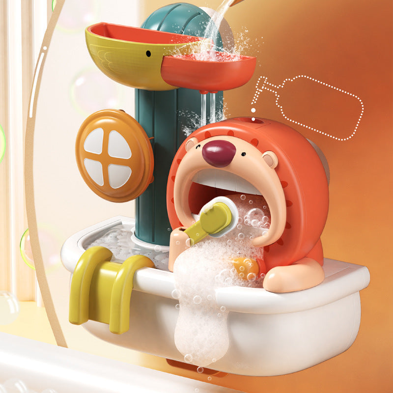 Lion bath toy mounted with suction cup on wall