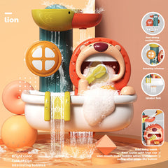 Different angles of lion bath toy in action