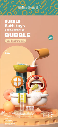 Fun bubble bath time with friendly lion toy