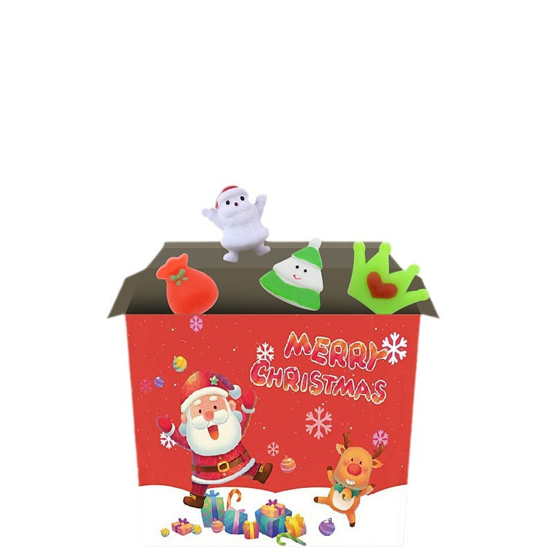 Child excited with a mystery box of squishy toys