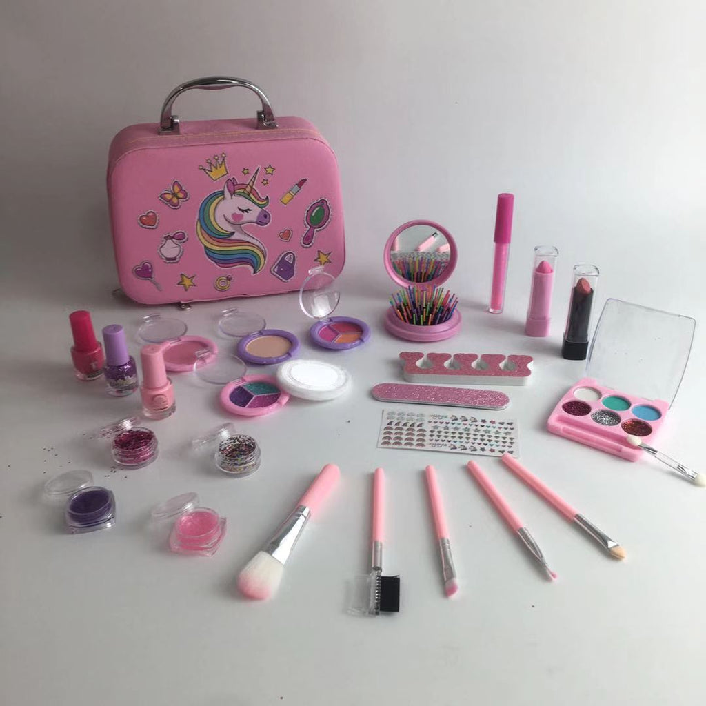 Girl carrying her unicorn-themed makeup bag