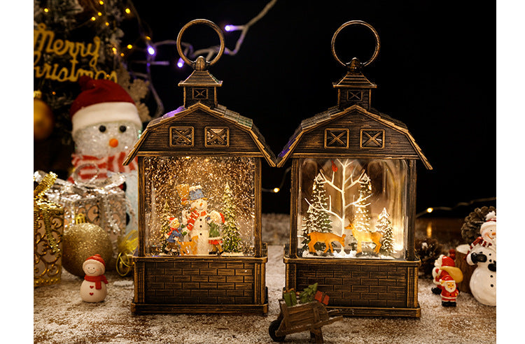 overview of red barn Christmas music box