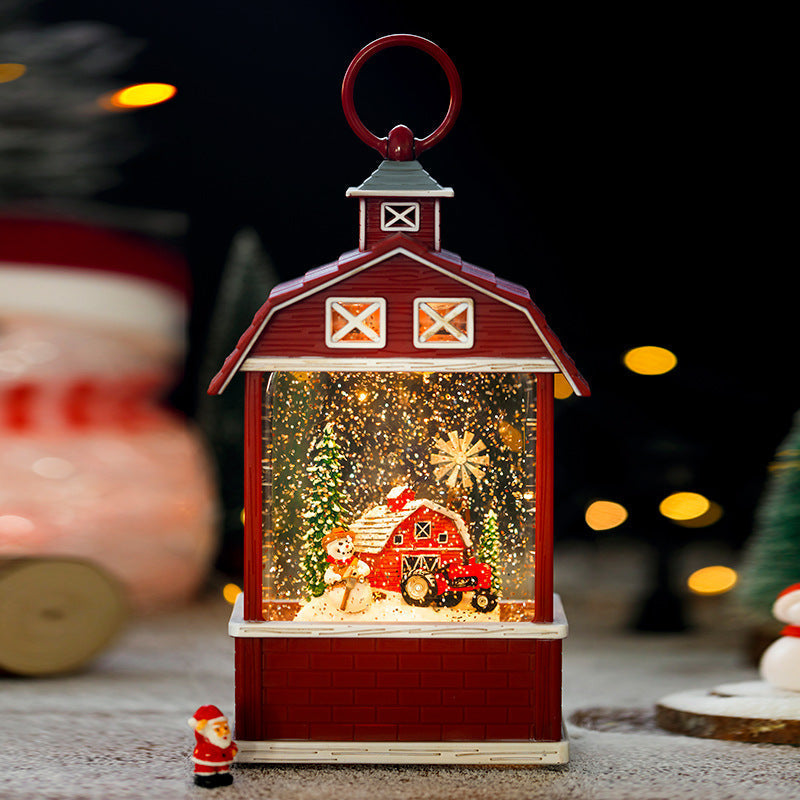 overview of red barn Christmas music box