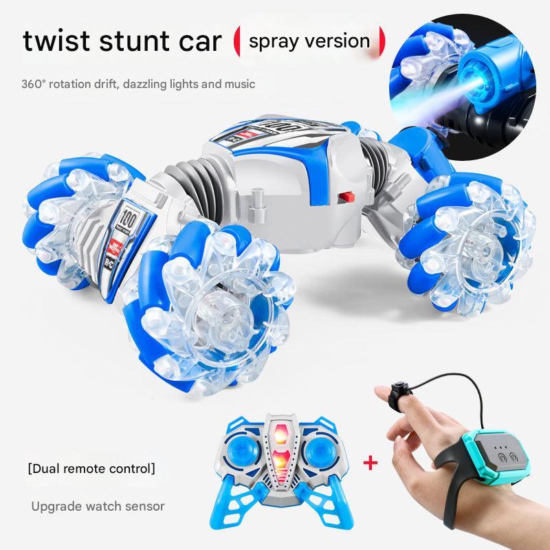 Side view of stunt car showing spray function