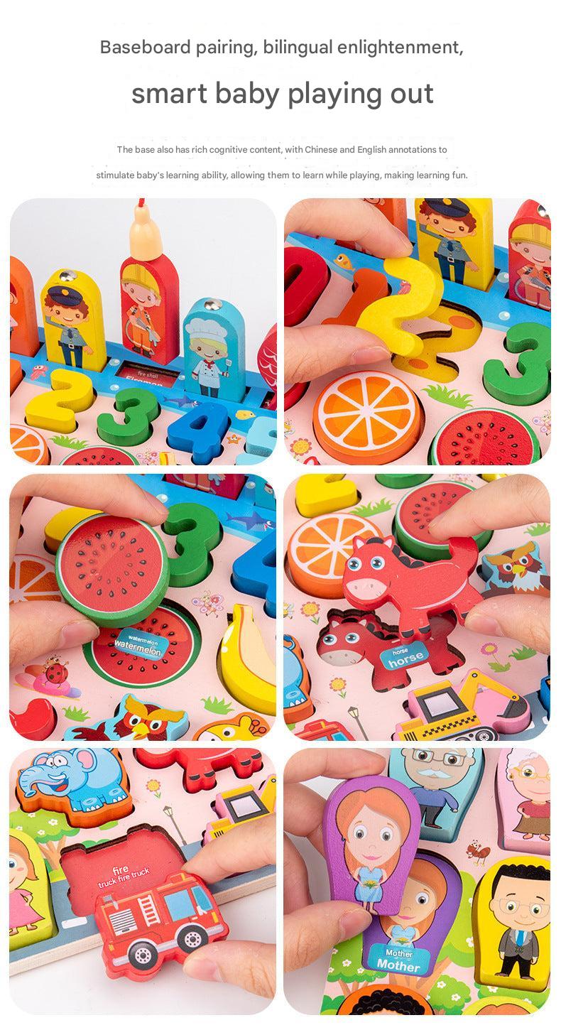 Children playing with educational puzzle board