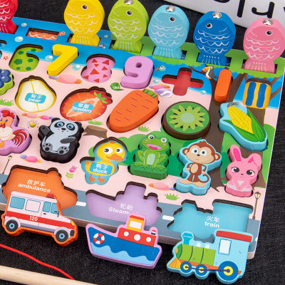 Colorful wooden pieces for the fishing puzzle