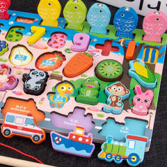 Colorful wooden pieces for the fishing puzzle