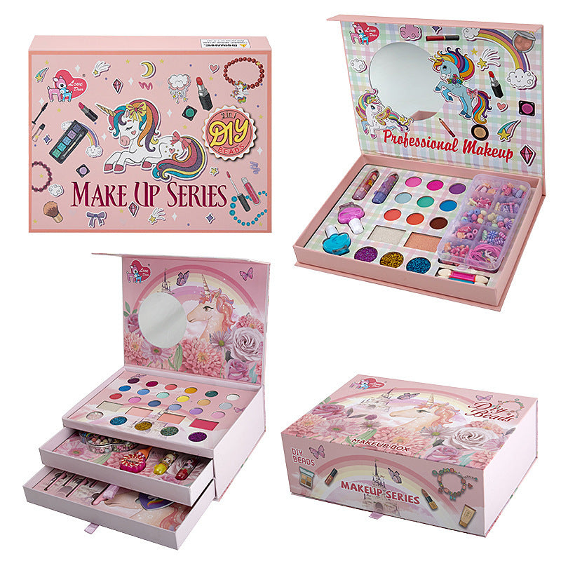 Close-up of lipsticks in unicorn-themed makeup kit