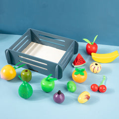 Colourful magnetic wooden food items displayed