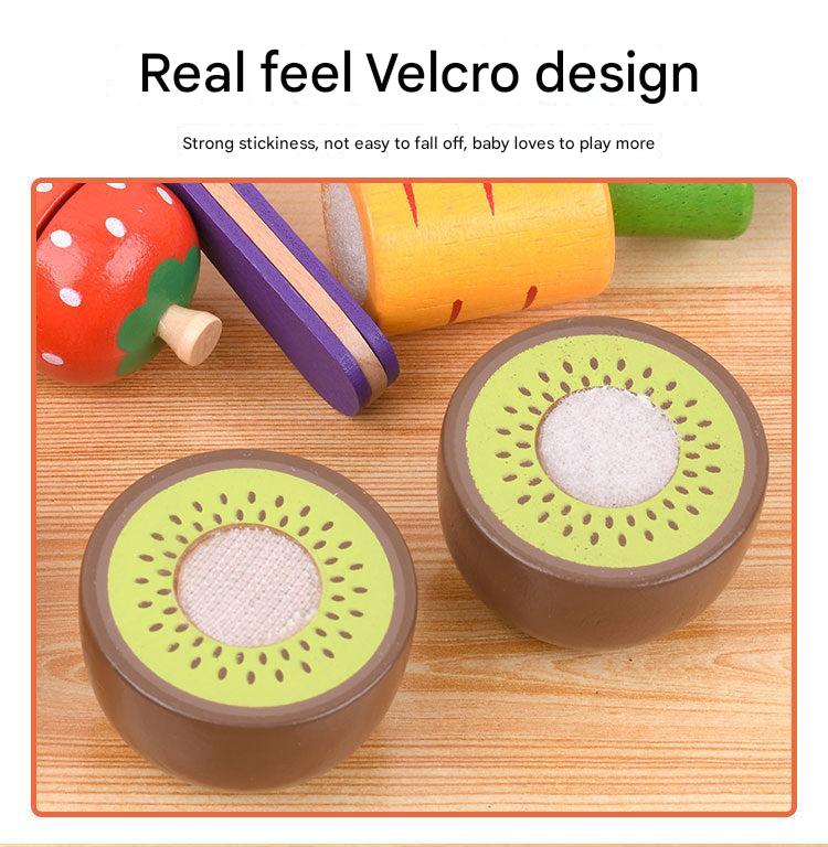 Colourful magnetic wooden food items displayed