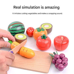 Closeup of wooden knife and cutting board for kids