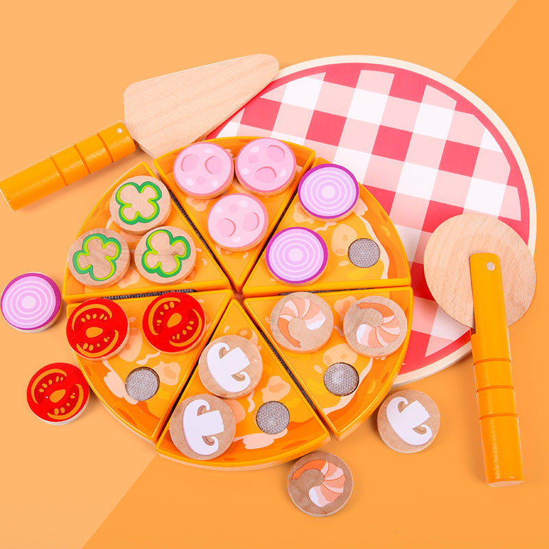 Colourful slices and toppings of wooden pizza toy