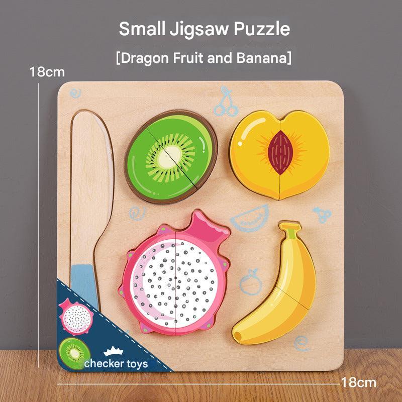 Child using wooden knife on vegetable puzzle pieces