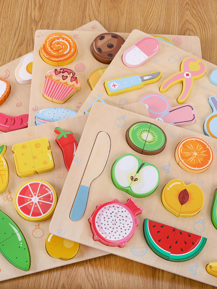 Child using wooden knife on vegetable puzzle pieces