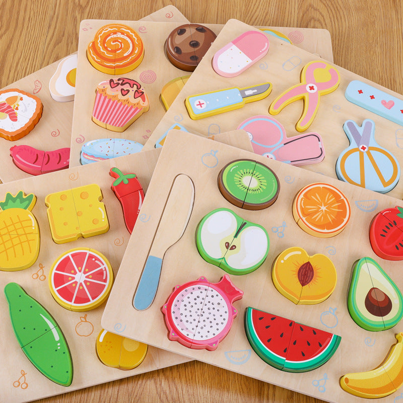 Kids playing with wooden puzzle pieces