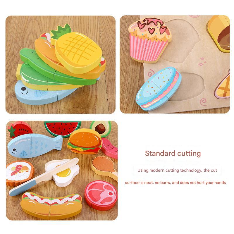 Child using wooden knife on vegetable puzzle pieces