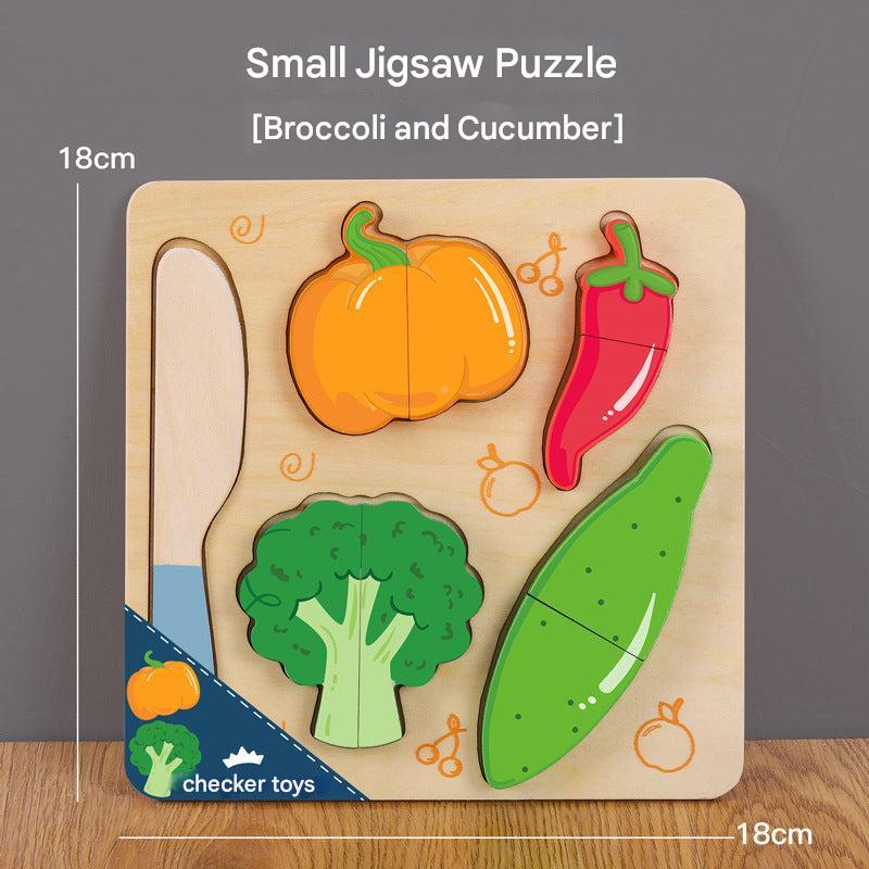 Wooden vegetable pieces in bright colours