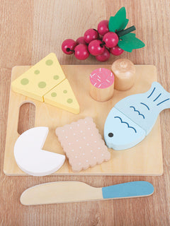 Deluxe wooden play food set with burgers and fries