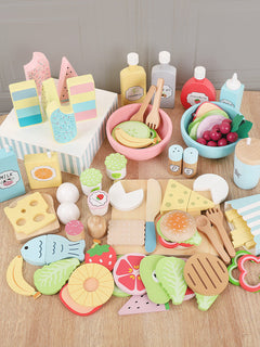 Assortment of wooden vegetables and fruits for kids