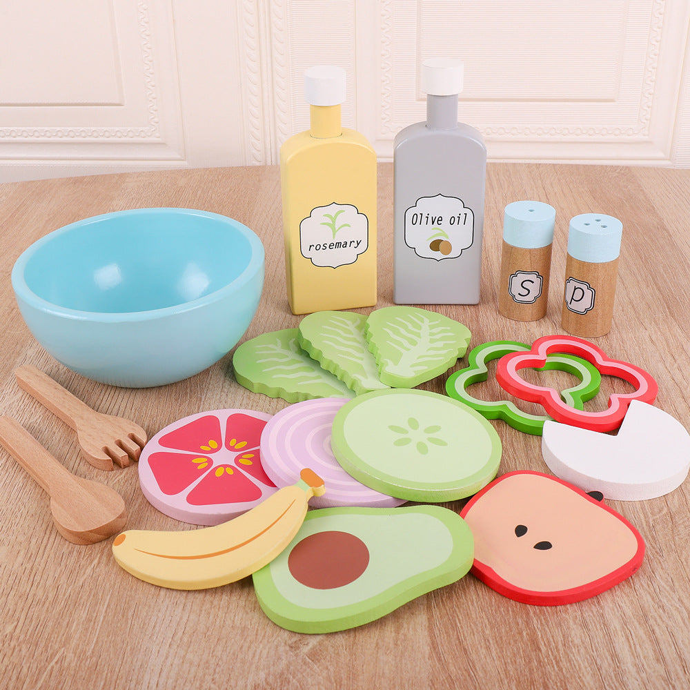 Durable wooden play food set for imaginative cooking