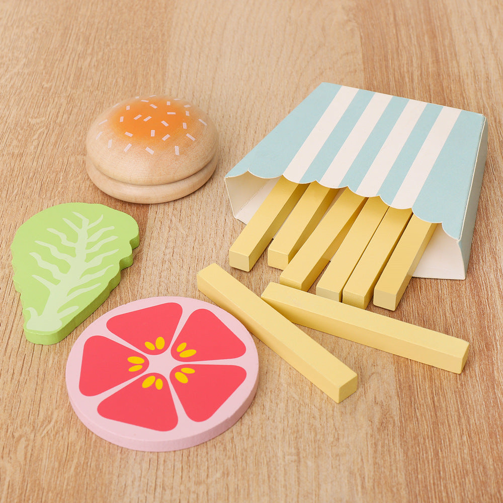 Deluxe wooden play food set with burgers and fries