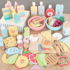 Interactive wooden breakfast food items for play