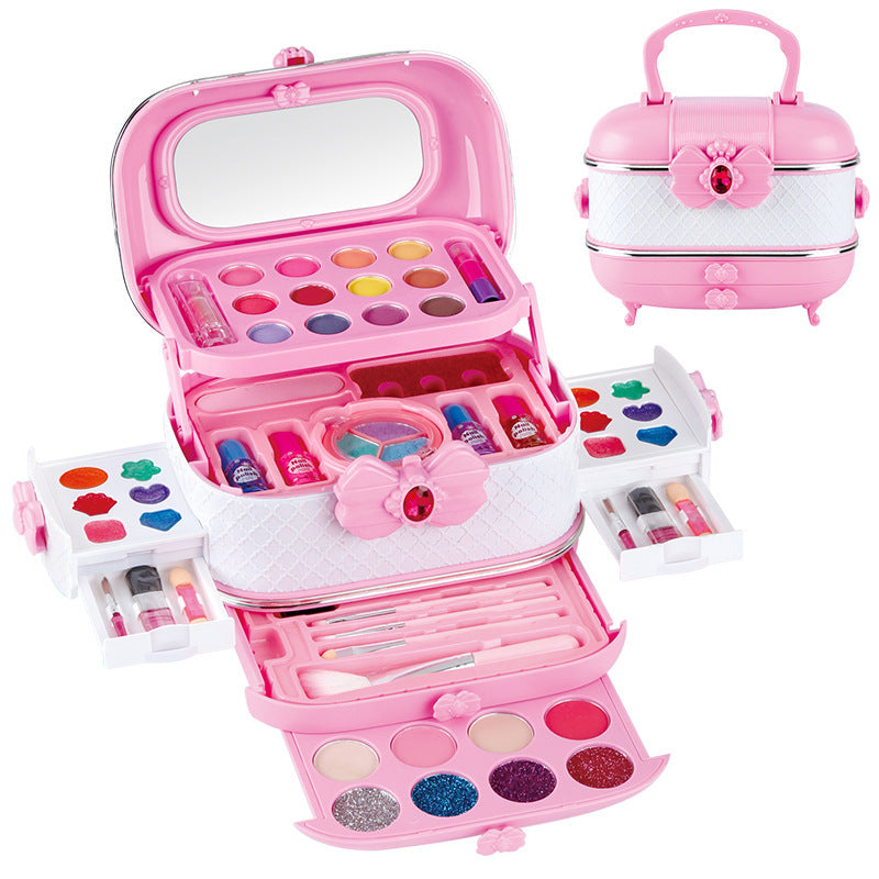 Travel-ready kids makeup kit open with colourful items