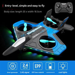 action shot of yellow kids RC plane with LED lights