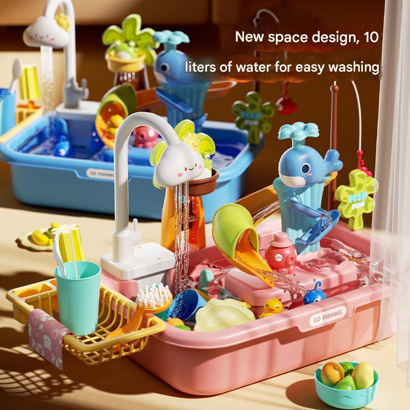 Battery-operated running water in kids play sink